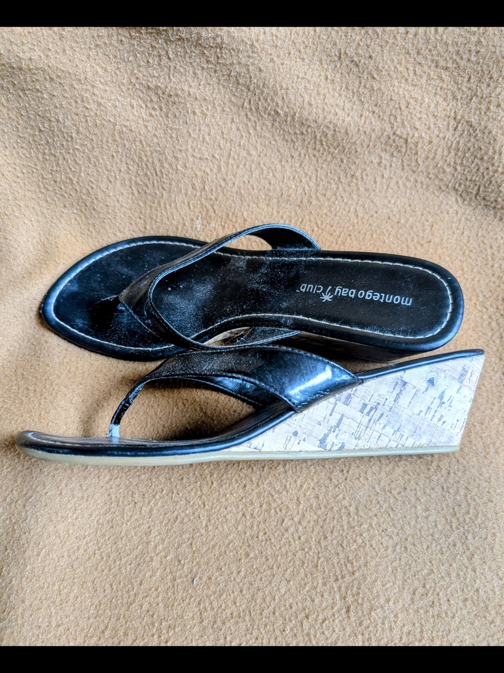 Montego Bay Club Black Wedge Thong Sandals with Cork-Look Heel